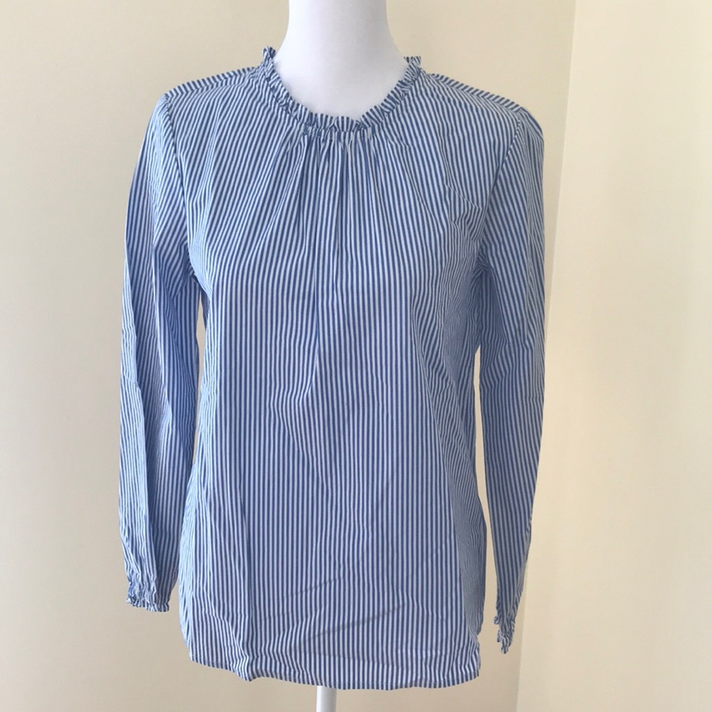 New! J .Crew factory XXS blue striped ruffled neck and sleeve top.